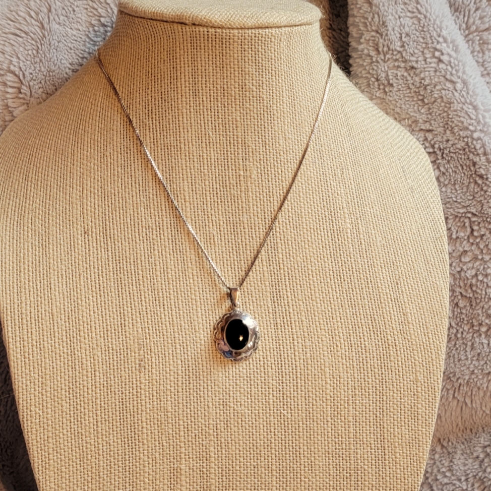 Sterling Silver Necklace Black Onyx Center Vintage Fashionable